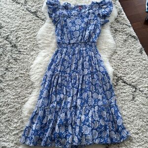 Vince Camuto blue, Grecian dress with waist detail and ruffle sleeves